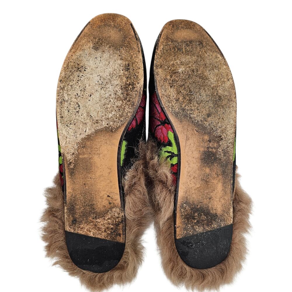 Gucci Princetown Horsebit Fur Lined Flat Mule Slipper Floral Black Size 38 US 8 - Picture 6 of 7
